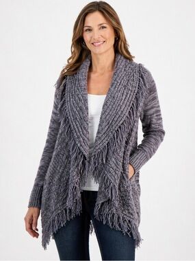 Style & Co Gray Fringe Open Front Cardigan cozy weather Sweater Size PM